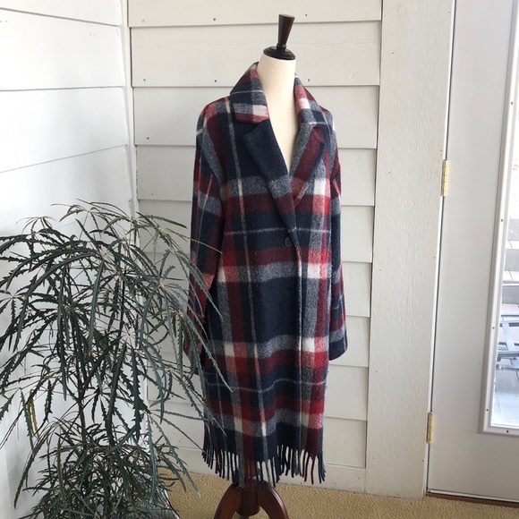 Tahari dark red, white, indigo blue plaid unlined jacket with fun fringe size M - Picture 1 of 12
